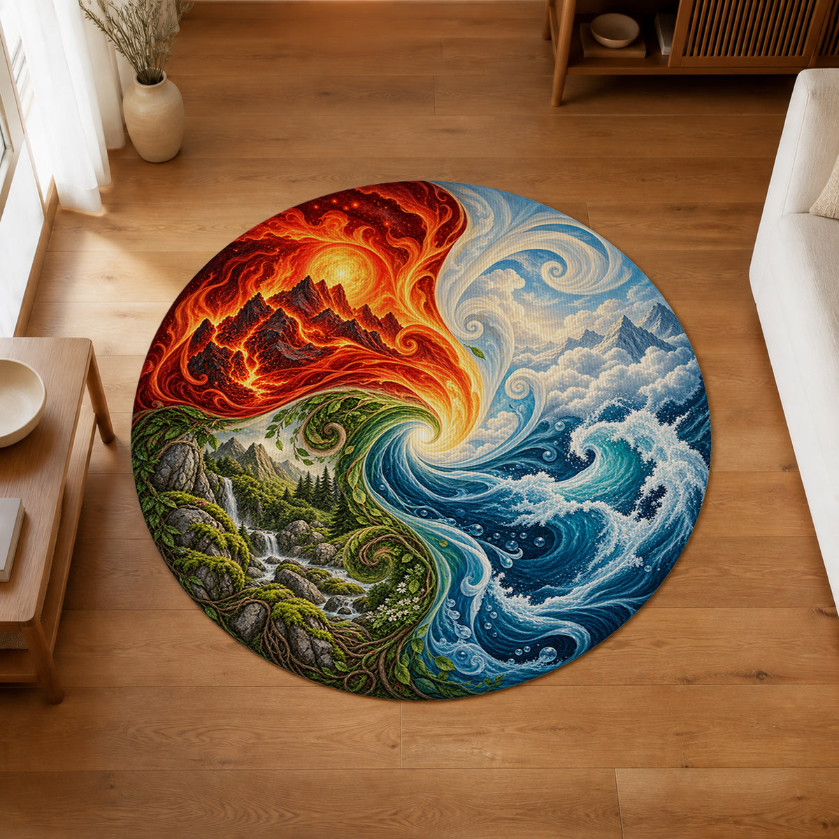 Fourfold Wheel Round Rug in an editorial overhead room view