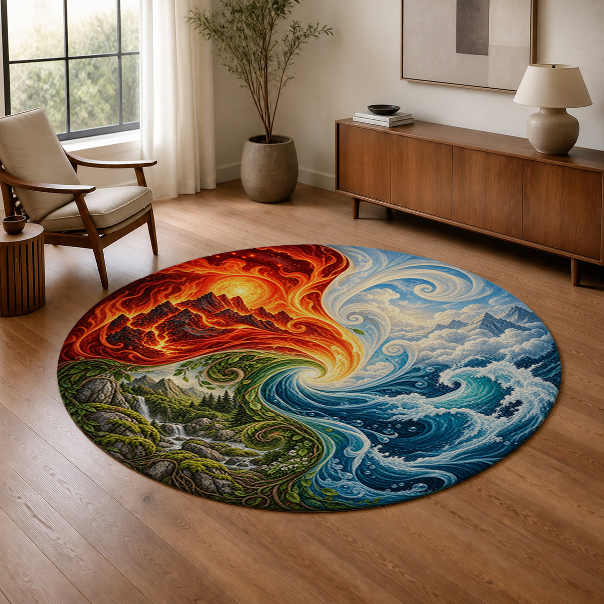Fourfold Wheel Round Rug in a warm modern living room