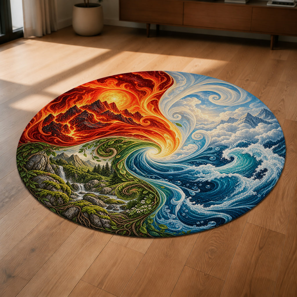 Fourfold Wheel Round Rug shown from a low oblique angle