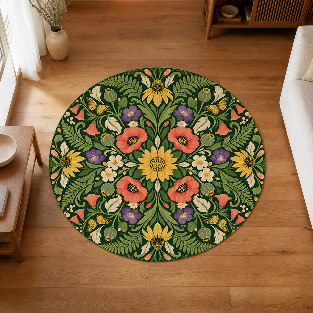 Garden Kaleidoscope Round Rug in an editorial overhead room view