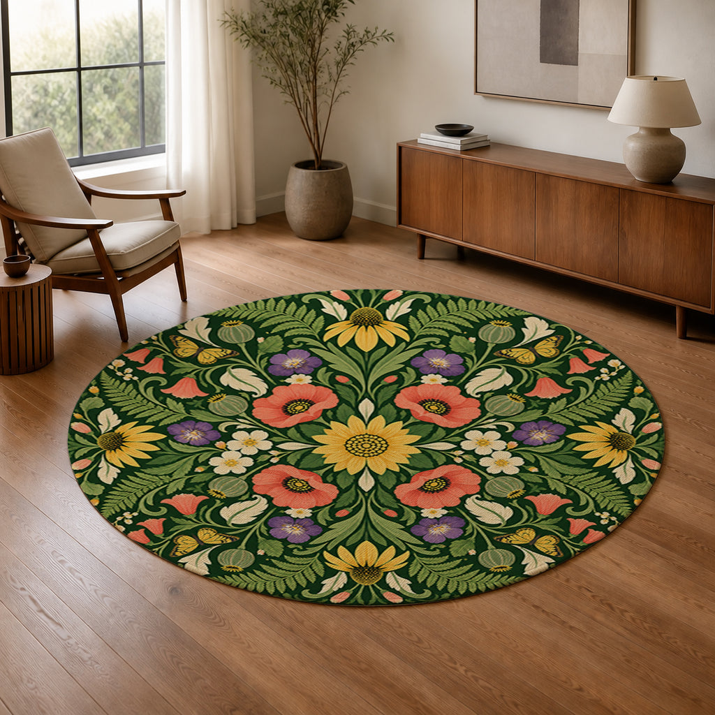 Garden Kaleidoscope Round Rug in a warm modern living room