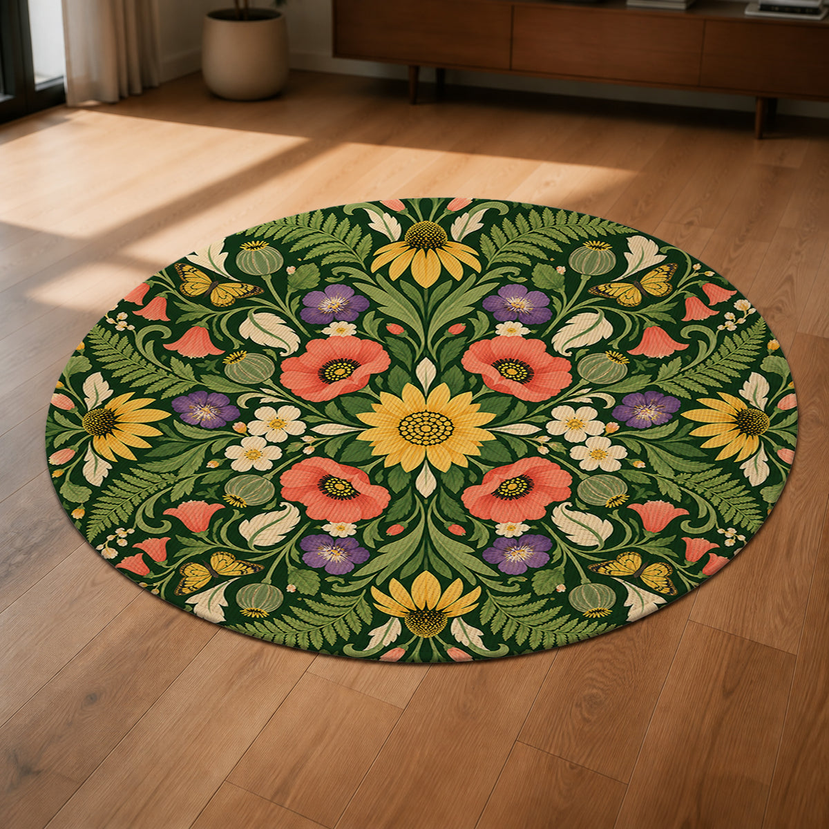 Garden Kaleidoscope Round Rug shown from a low oblique angle