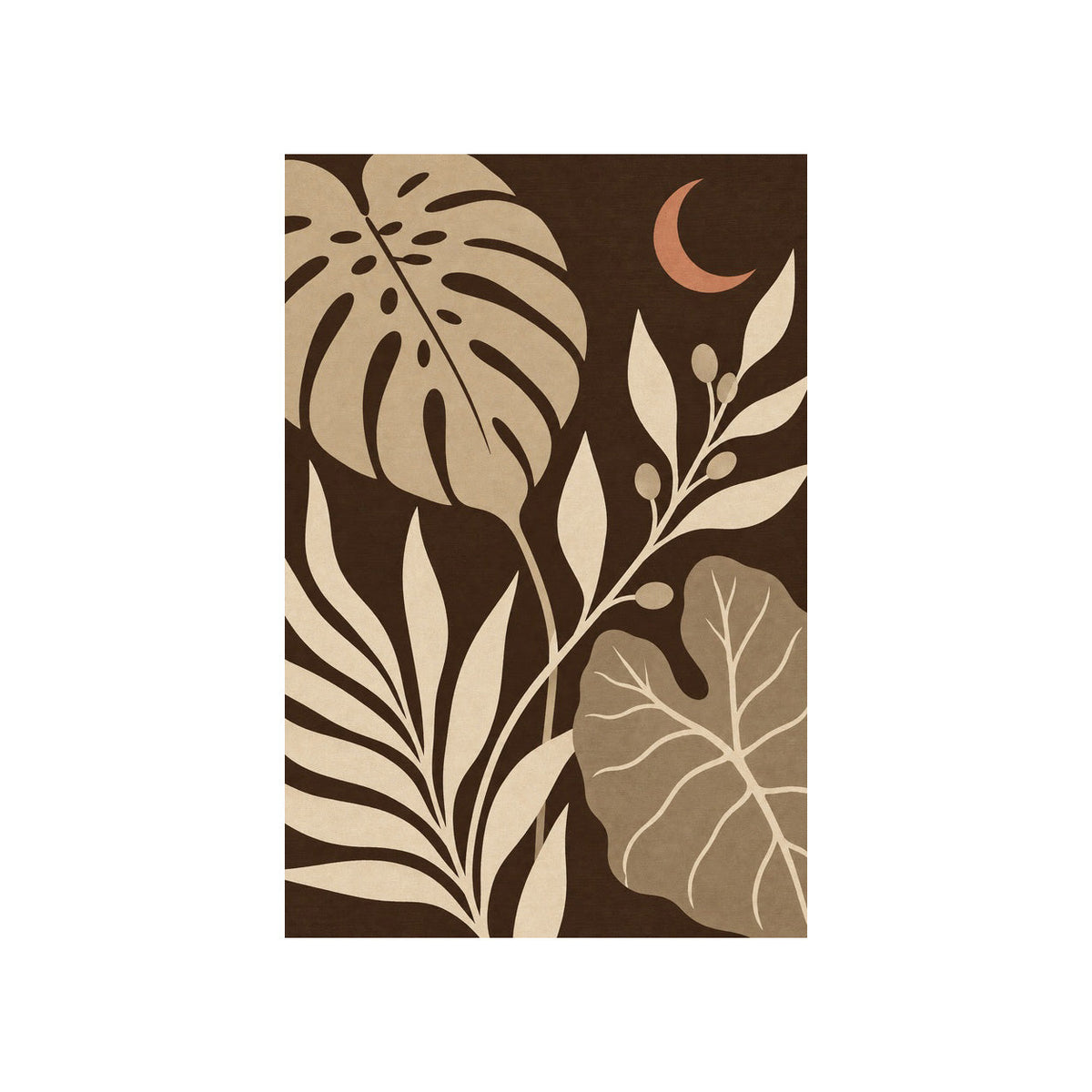 Kartela Night Garden washable tropical leaf area rug in Beige, flat product view on a white background