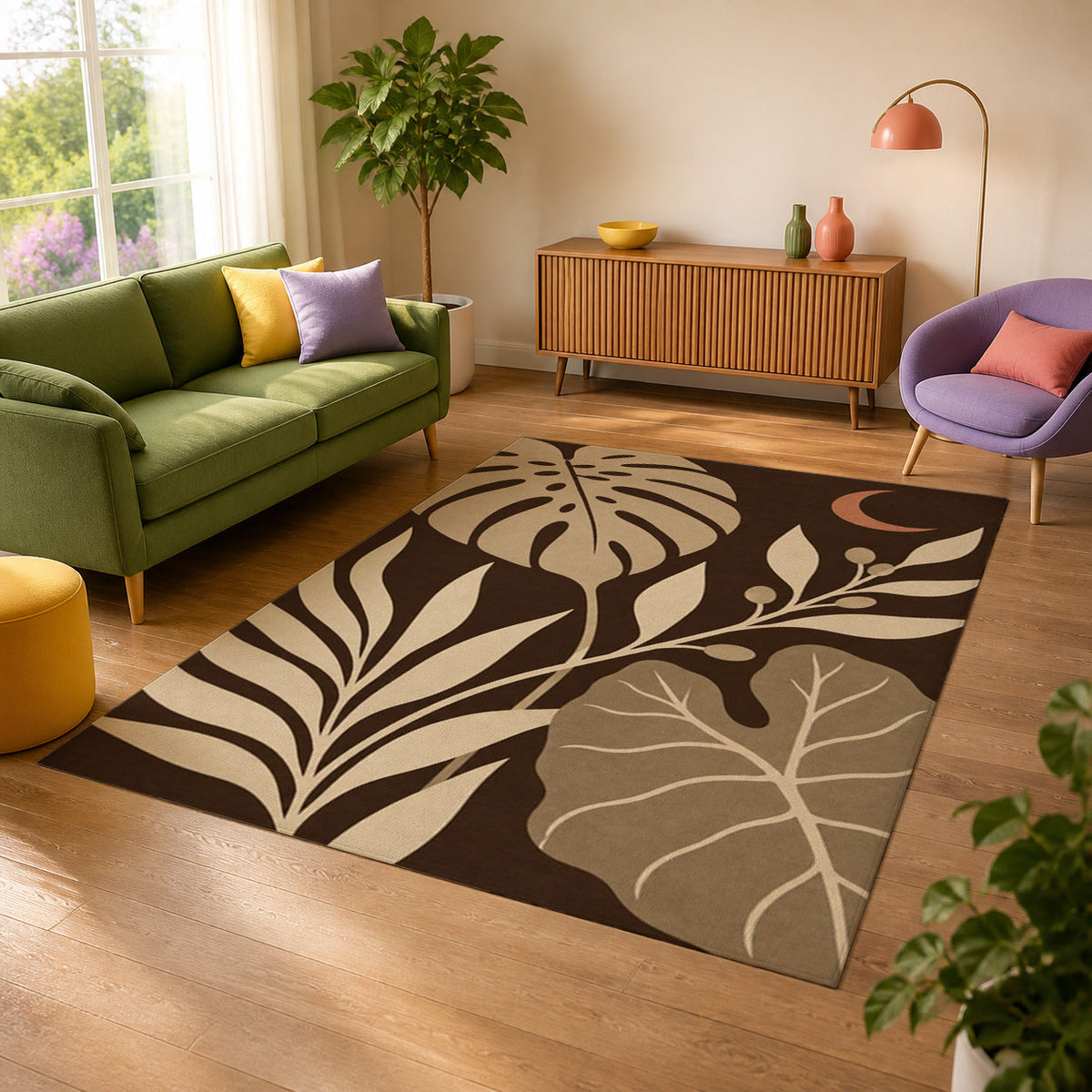 Kartela Night Garden washable tropical leaf area rug in Beige, in a sunny living room with a green sofa
