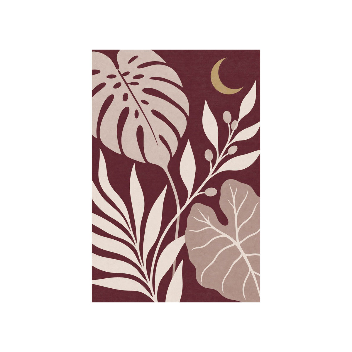 Kartela Night Garden washable tropical leaf area rug in Burgundy, flat product view on a white background