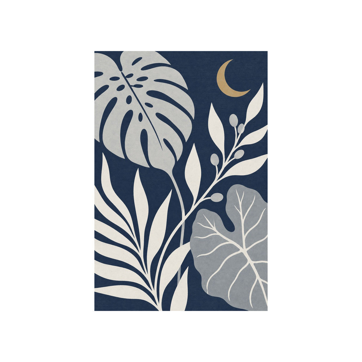 Kartela Night Garden washable tropical leaf area rug in Navy, flat product view on a white background