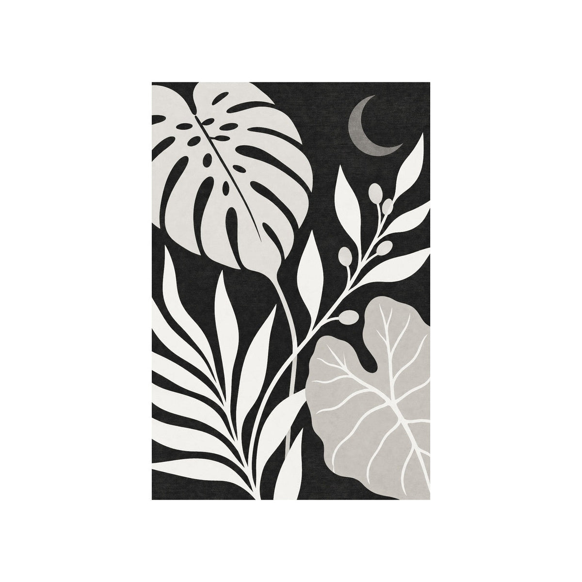 Kartela Night Garden washable tropical leaf area rug in Black & White, flat product view on a white background