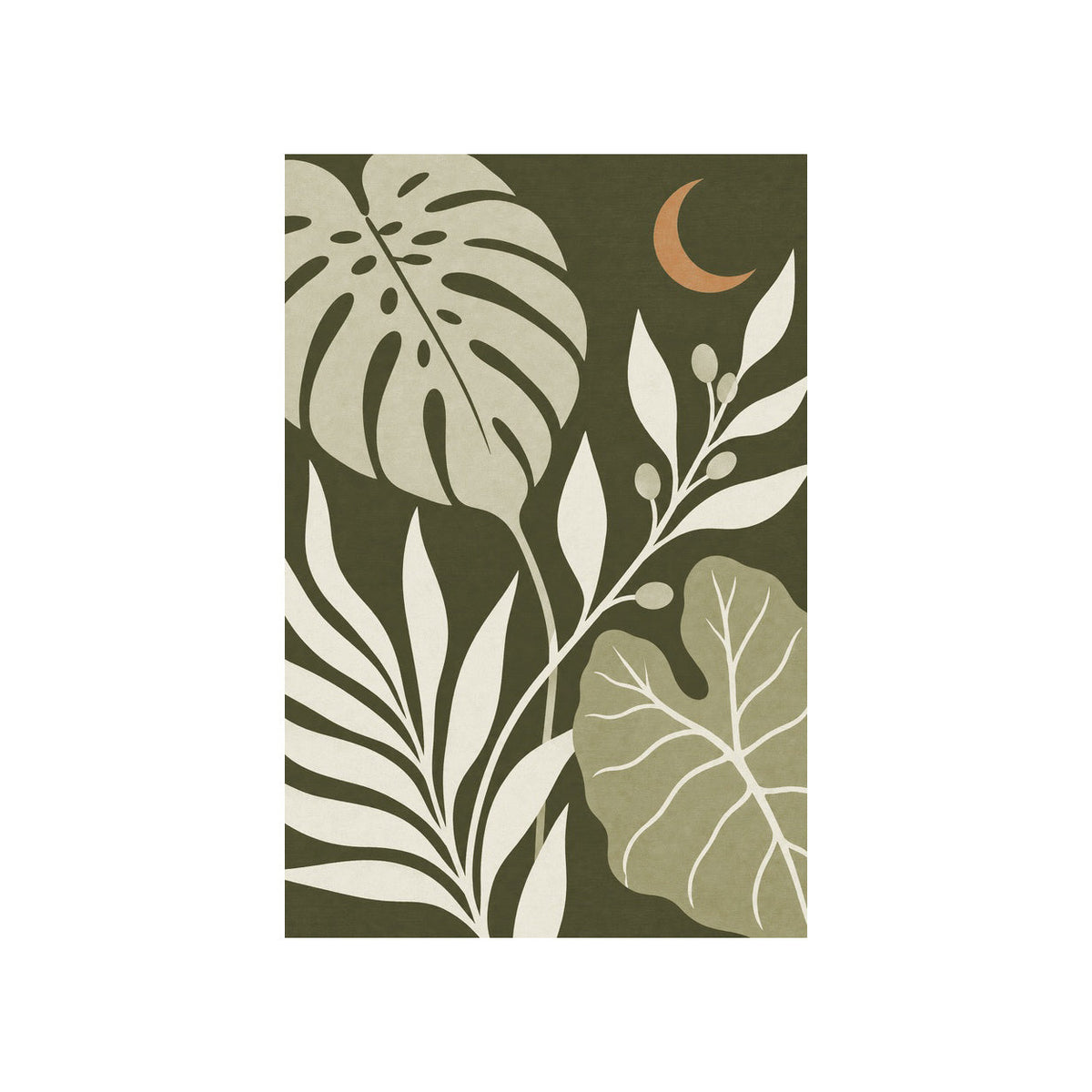 Kartela Night Garden washable tropical leaf area rug in Olive, flat product view on a white background