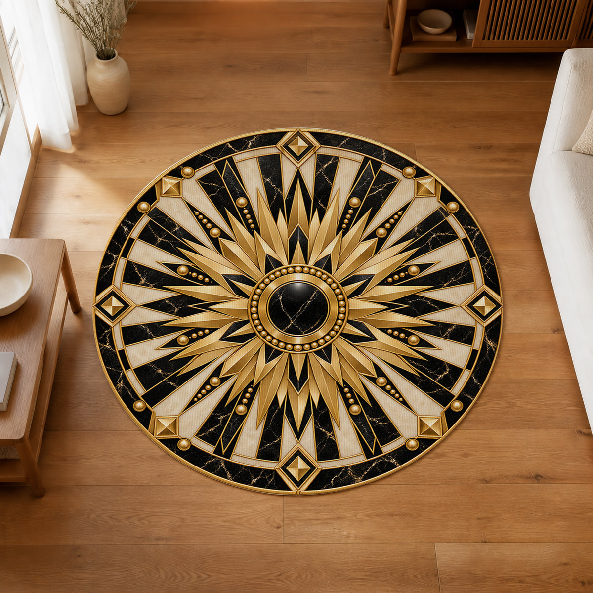 Gilded Radiance Round Rug in an editorial overhead room view