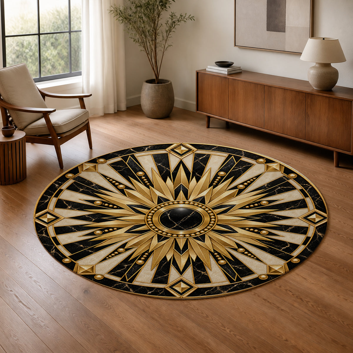 Gilded Radiance Round Rug in a warm modern living room