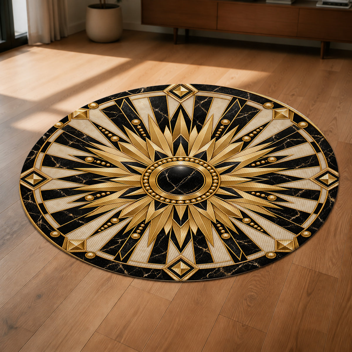 Gilded Radiance Round Rug shown from a low oblique angle