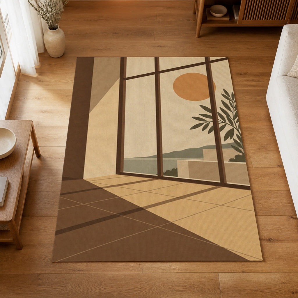Kartela Daylight washable modern sea view area rug in Beige, on a wooden floor in a bright living room