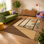 Kartela Daylight washable modern sea view area rug in Beige, in a sunny living room with a green sofa