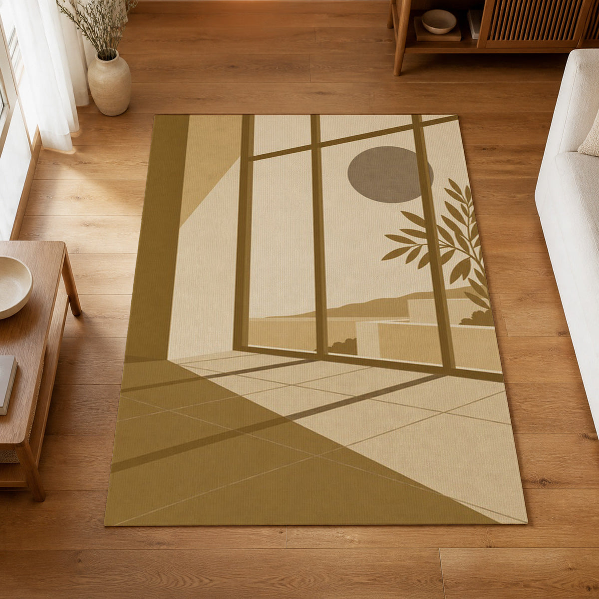 Kartela Daylight washable modern sea view area rug in Mustard, on a wooden floor in a bright living room