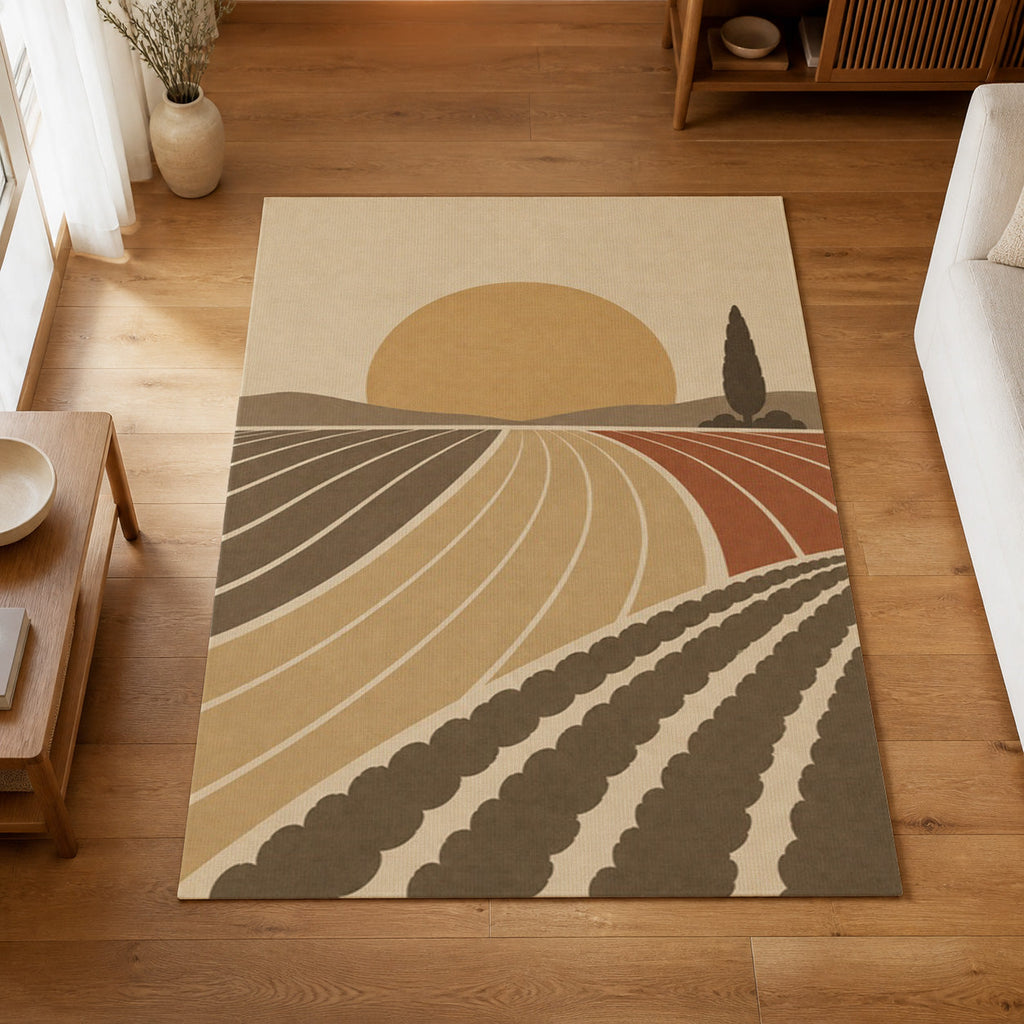 Kartela Sunfield washable modern landscape area rug in Beige, on a wooden floor in a bright living room