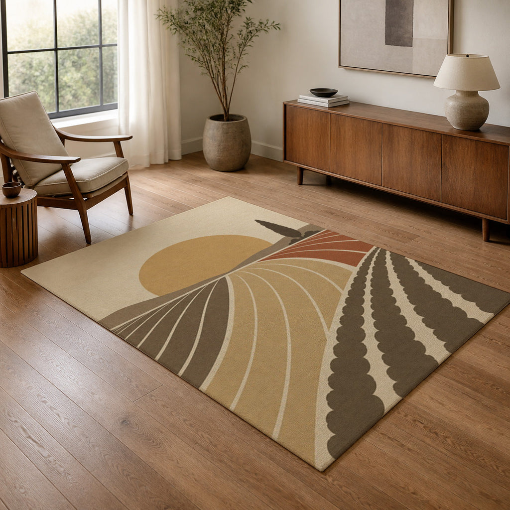 Kartela Sunfield washable modern landscape area rug in Beige, in a living room with an armchair and sideboard
