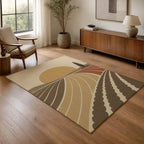 Kartela Sunfield washable modern landscape area rug in Beige, in a living room with an armchair and sideboard