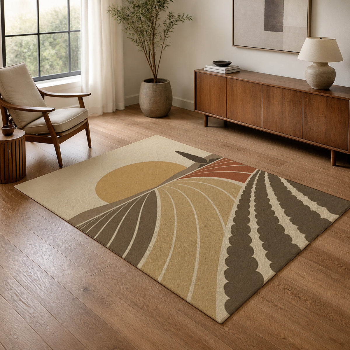 Kartela Sunfield washable modern landscape area rug in Beige, in a living room with an armchair and sideboard