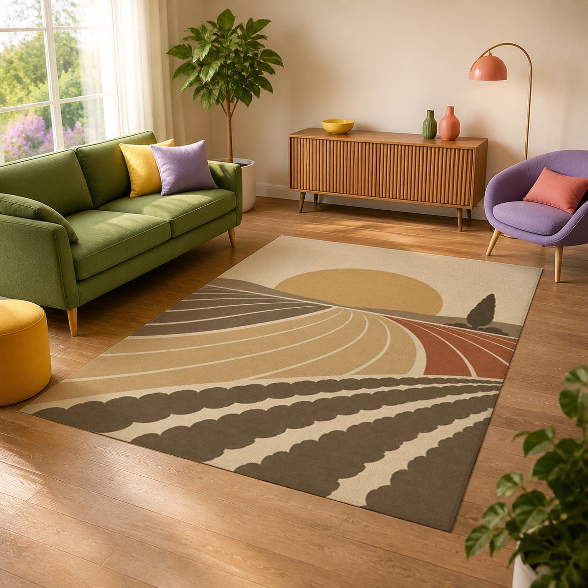Kartela Sunfield washable modern landscape area rug in Beige, in a sunny living room with a green sofa