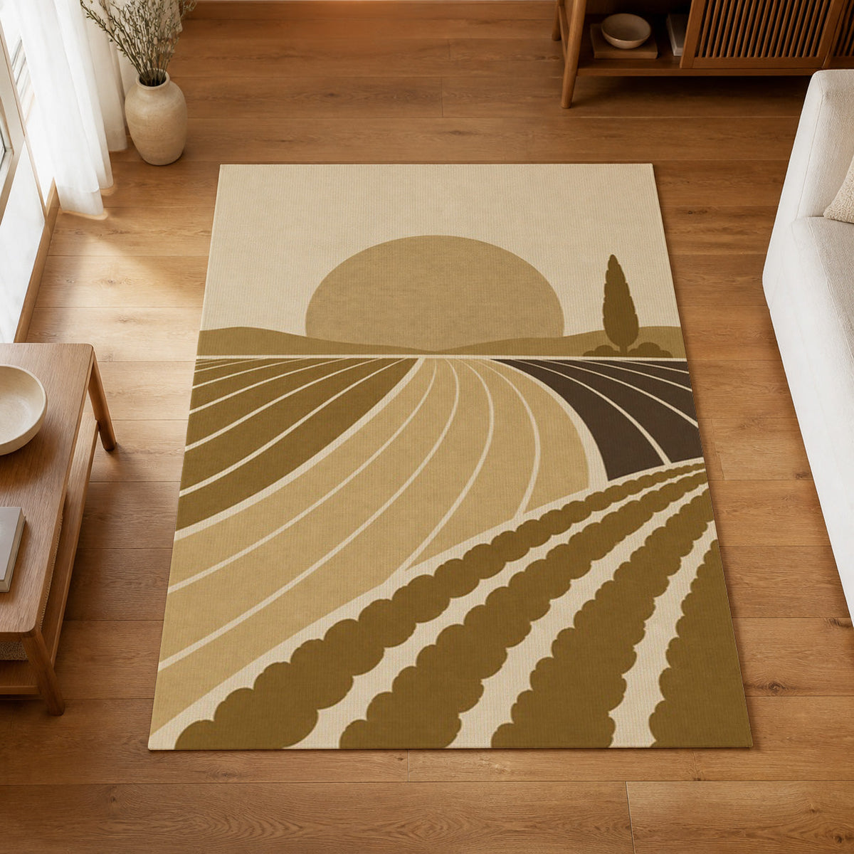 Kartela Sunfield washable modern landscape area rug in Mustard, on a wooden floor in a bright living room