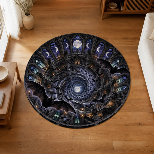 Bat Cathedral Vortex 3D Halloween Round Rug in a styled room