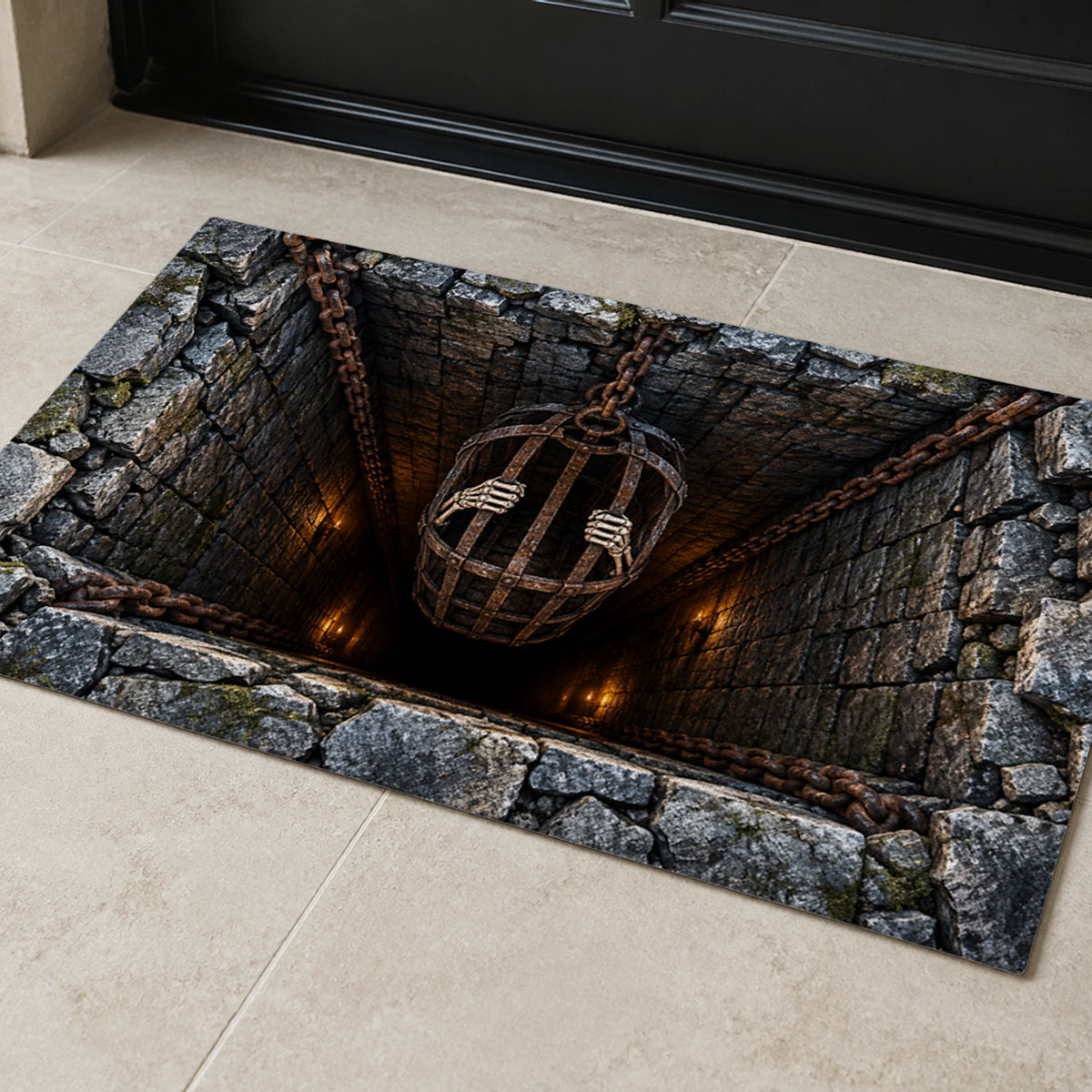Crypt Chain Lift 3D Halloween Doormat at a front door