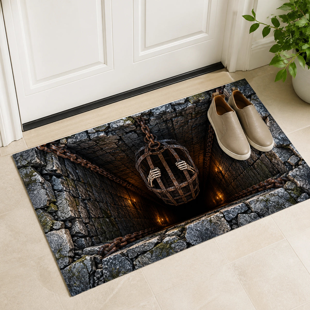 Crypt Chain Lift 3D Halloween Doormat by a white entry door with shoes for scale