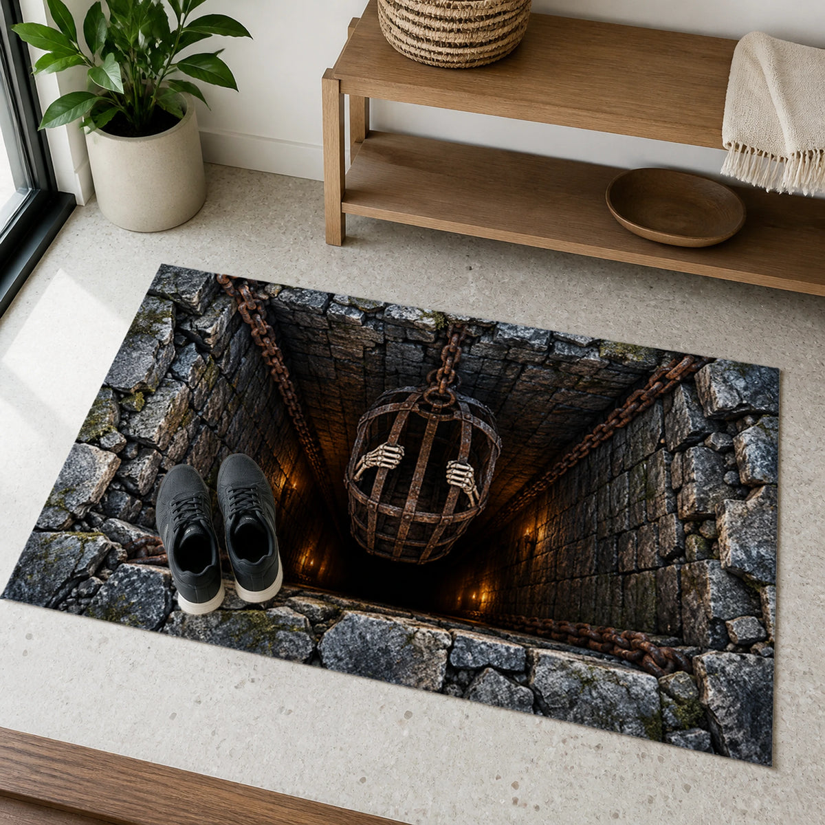 Crypt Chain Lift 3D Halloween Doormat in an entryway with a bench