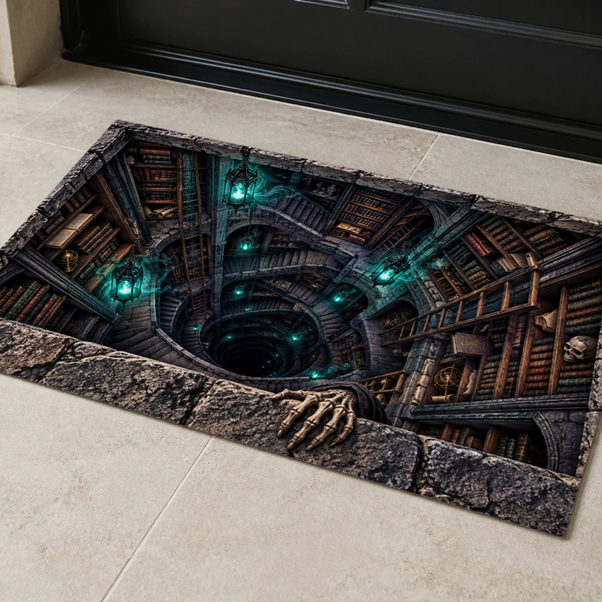Haunted Archive Descent 3D Halloween Doormat at a front door