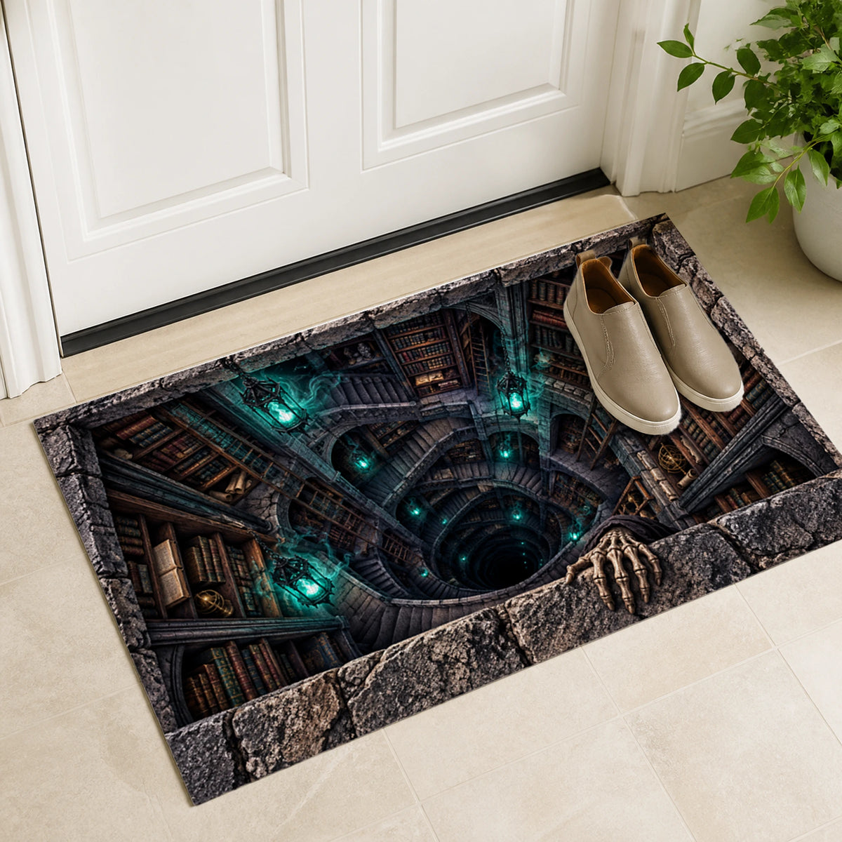 Haunted Archive Descent 3D Halloween Doormat by a white entry door with shoes for scale