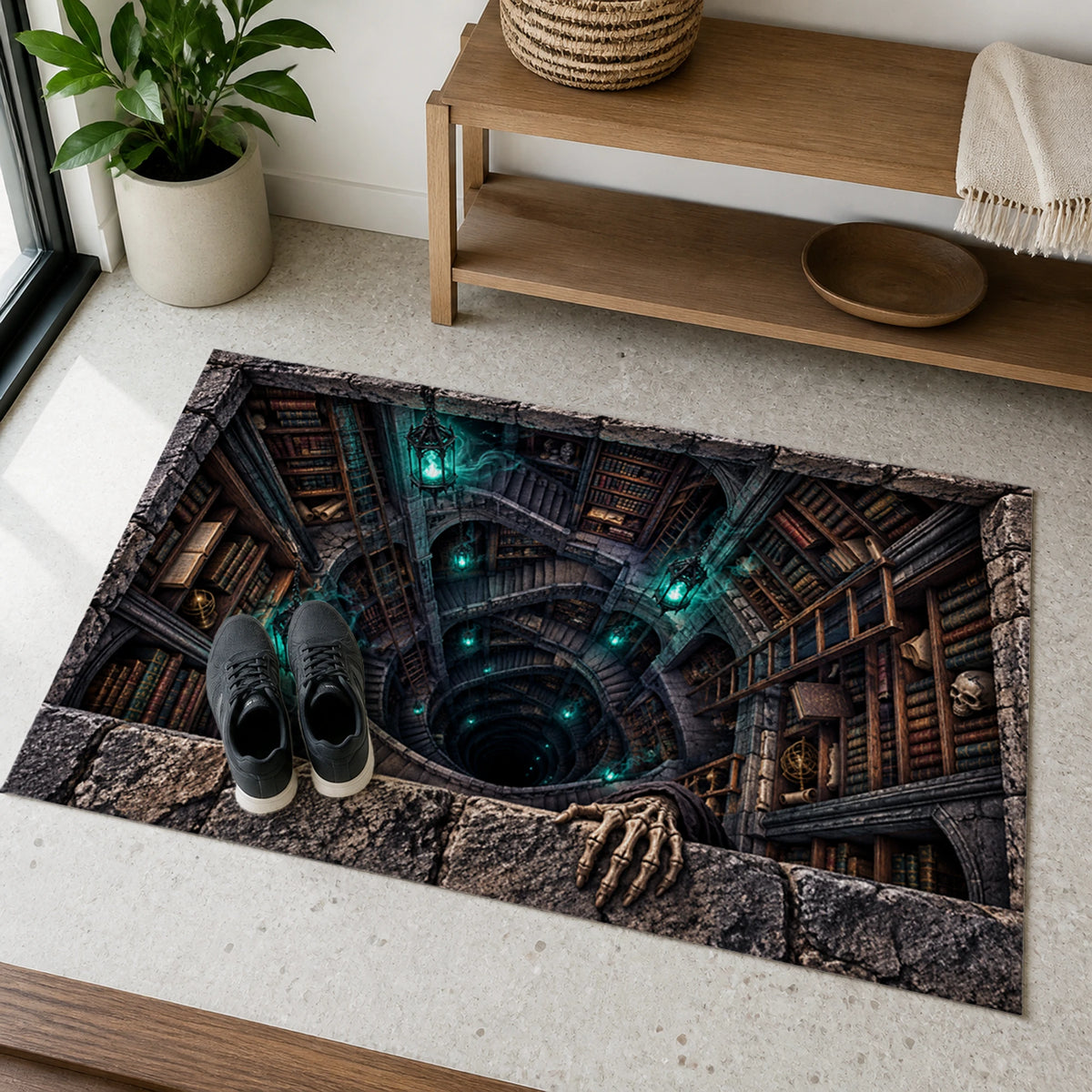Haunted Archive Descent 3D Halloween Doormat in an entryway with a bench