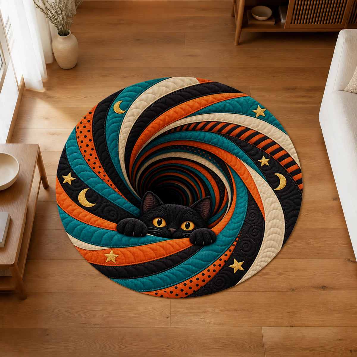 Midnight Cat Peek Vortex 3D Halloween Round Rug on a wood floor in a living room