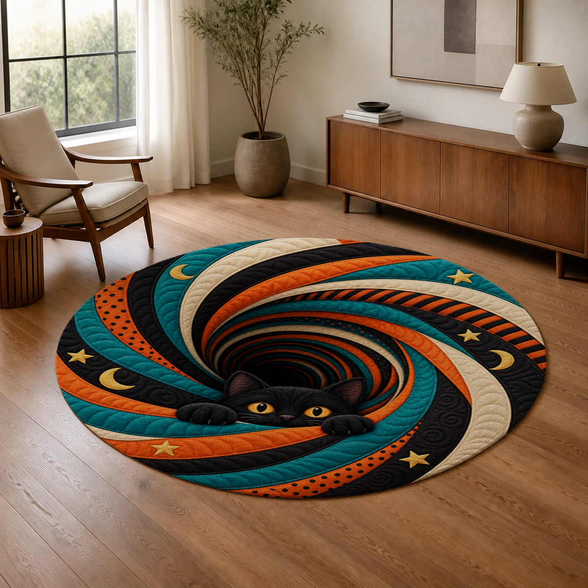 Midnight Cat Peek Vortex 3D Halloween Round Rug in a sunny living room beside a chair