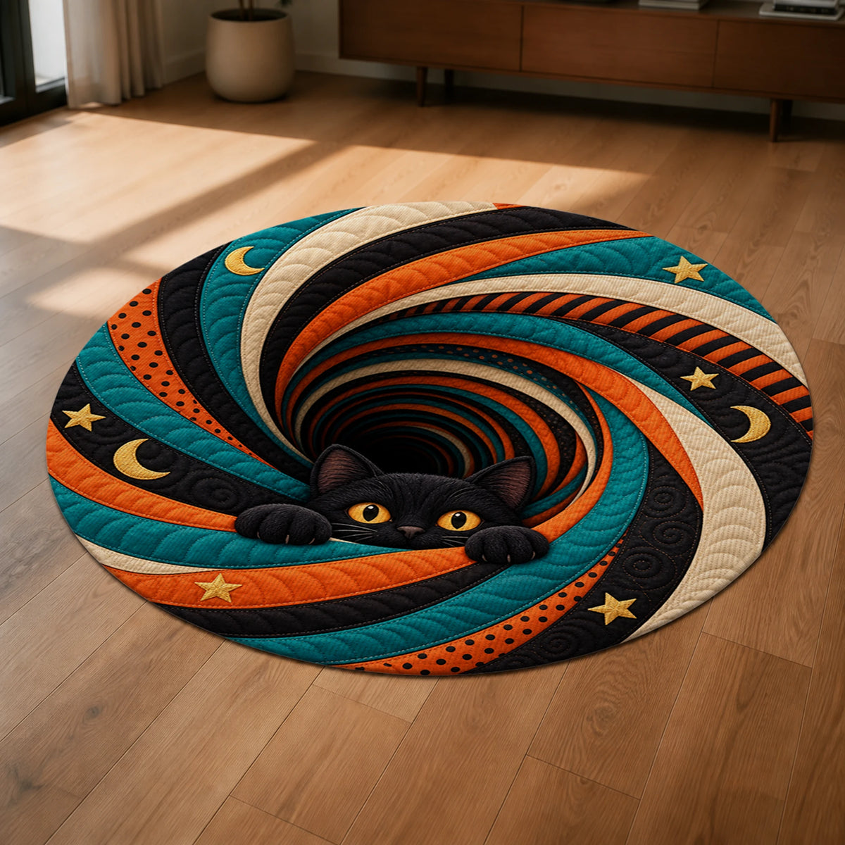 Midnight Cat Peek Vortex 3D Halloween Round Rug close-up on a hardwood floor