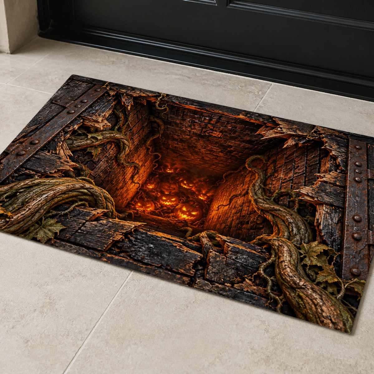 Pumpkin Furnace Trapdoor 3D Halloween Doormat at a front door