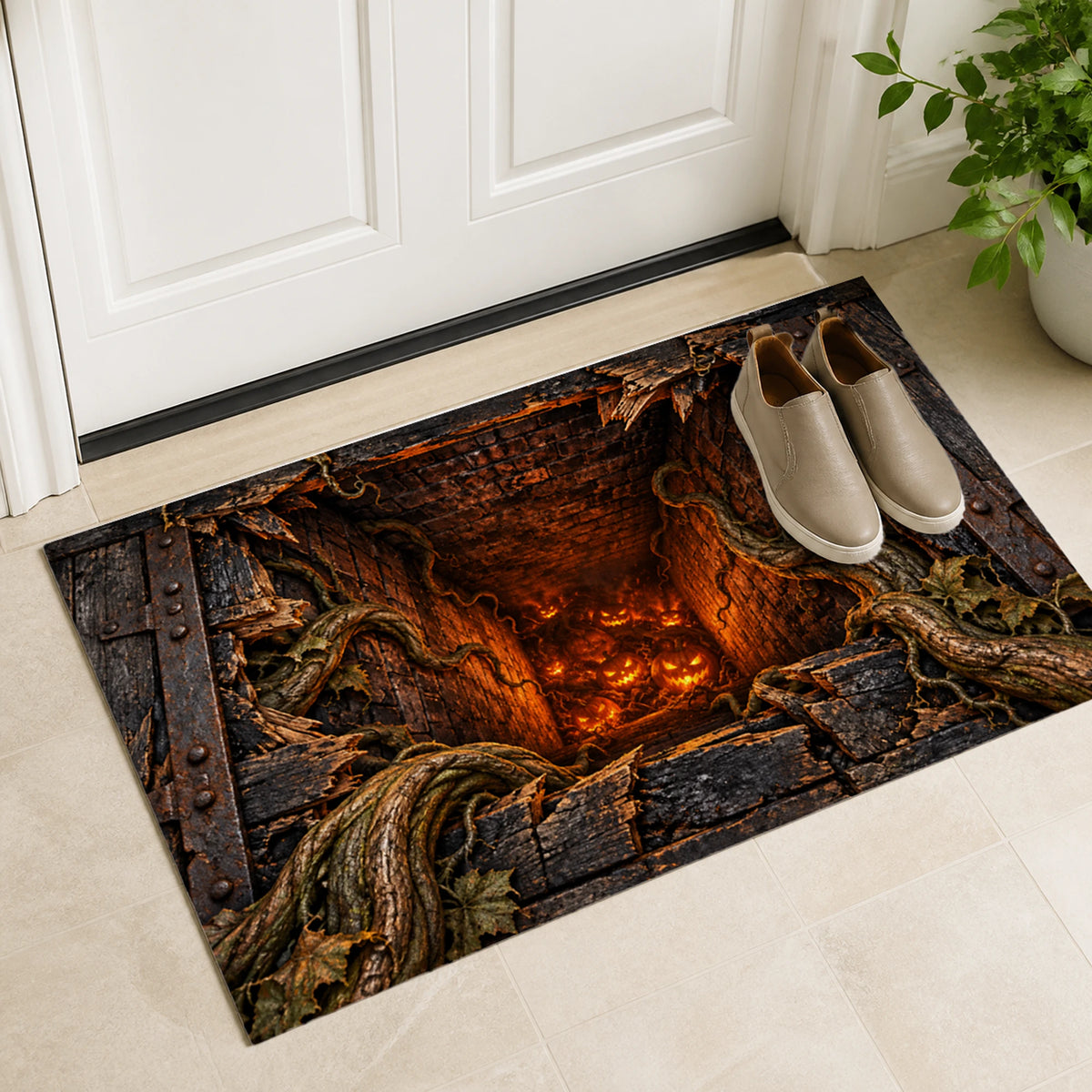 Pumpkin Furnace Trapdoor 3D Halloween Doormat by a white entry door with shoes for scale