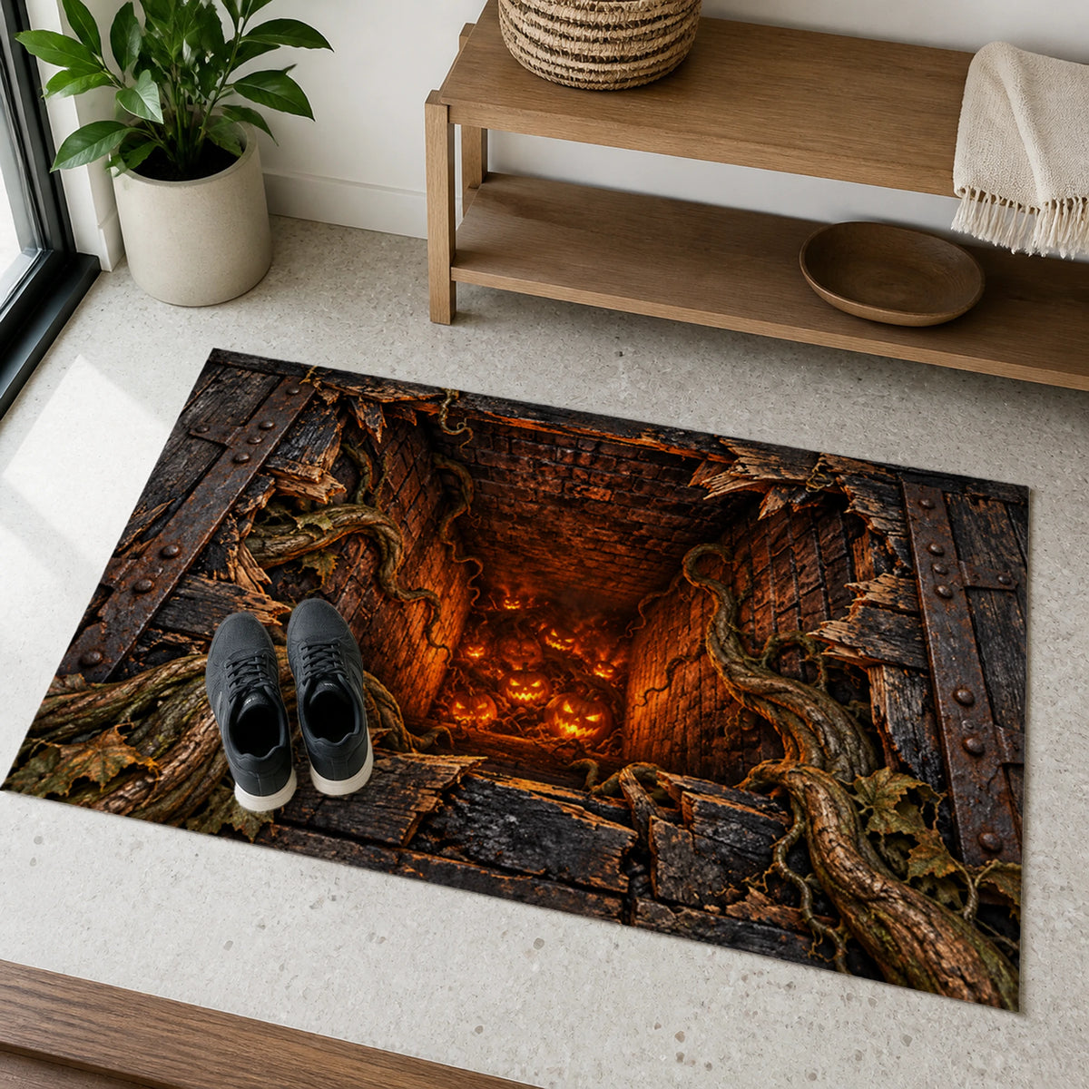 Pumpkin Furnace Trapdoor 3D Halloween Doormat in an entryway with a bench
