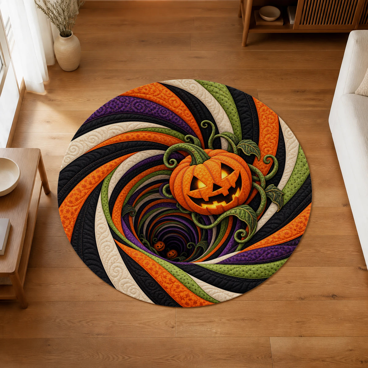 Pumpkin Portal Rise 3D Halloween Round Rug on a wood floor in a living room