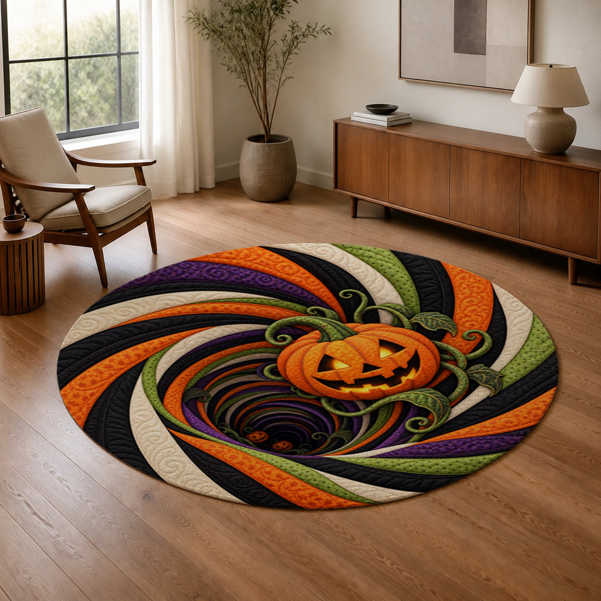 Pumpkin Portal Rise 3D Halloween Round Rug in a sunny living room beside a chair