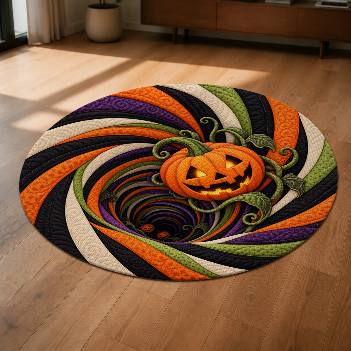 Pumpkin Portal Rise 3D Halloween Round Rug close-up on a hardwood floor