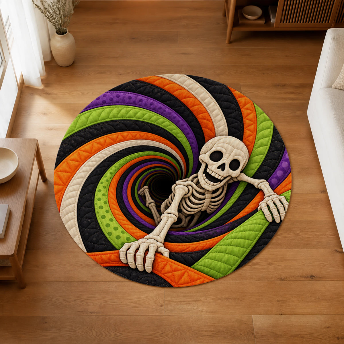 Skeleton Candy Vortex 3D Halloween Round Rug on a wood floor in a living room
