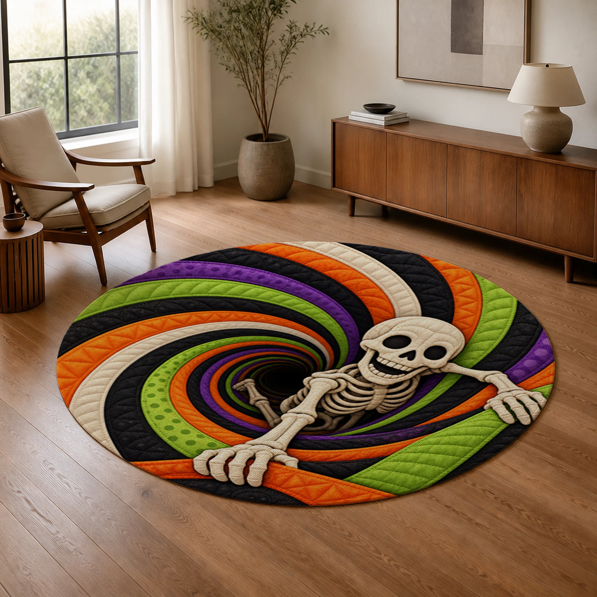 Skeleton Candy Vortex 3D Halloween Round Rug in a sunny living room beside a chair