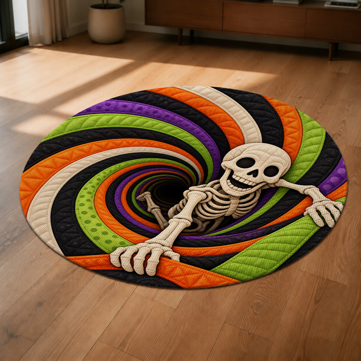 Skeleton Candy Vortex 3D Halloween Round Rug close-up on a hardwood floor