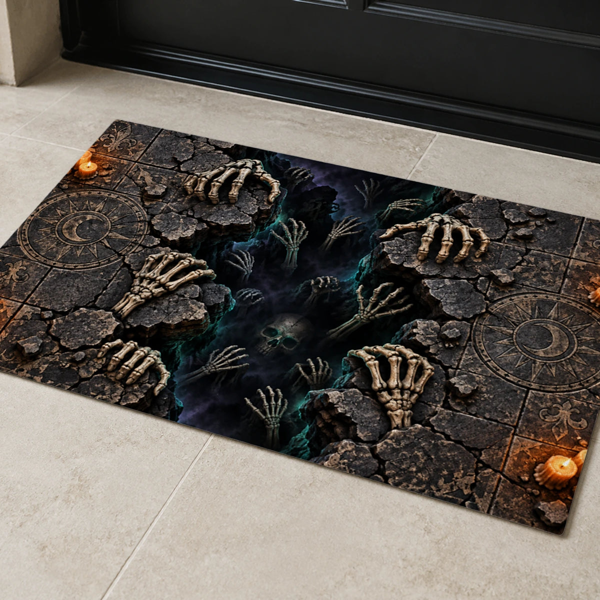 Skeleton Hands Below 3D Halloween Doormat in a styled room