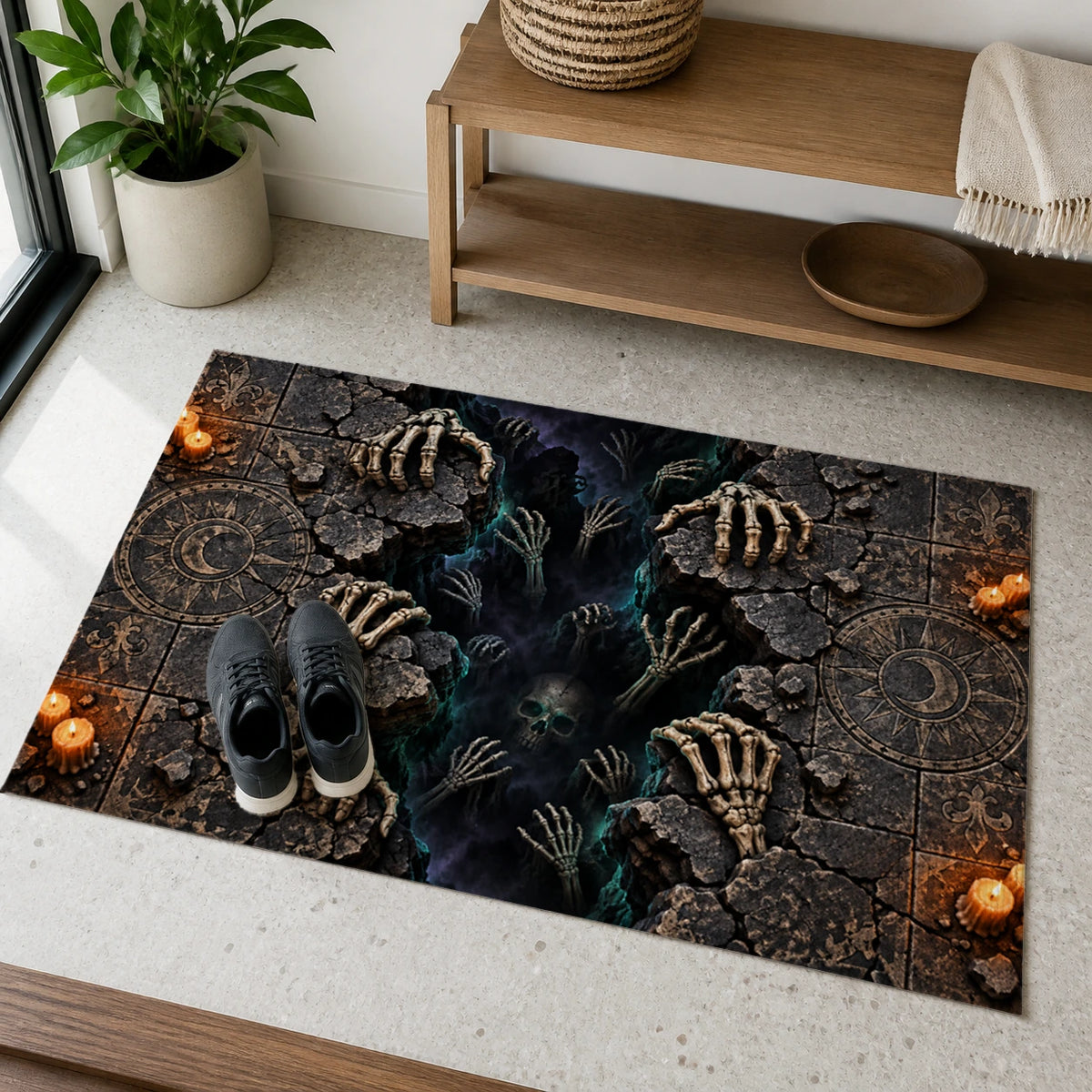 Skeleton Hands Below 3D Halloween Doormat room perspective