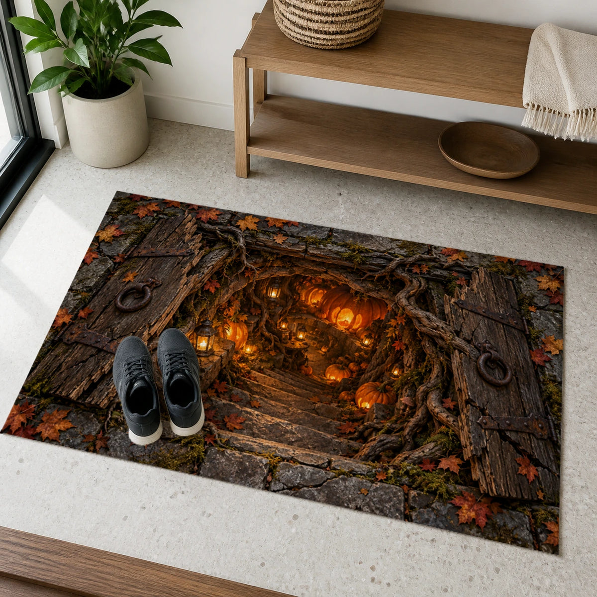 Pumpkin Root Trapdoor 3D Halloween Doormat doormat styled near a doorway