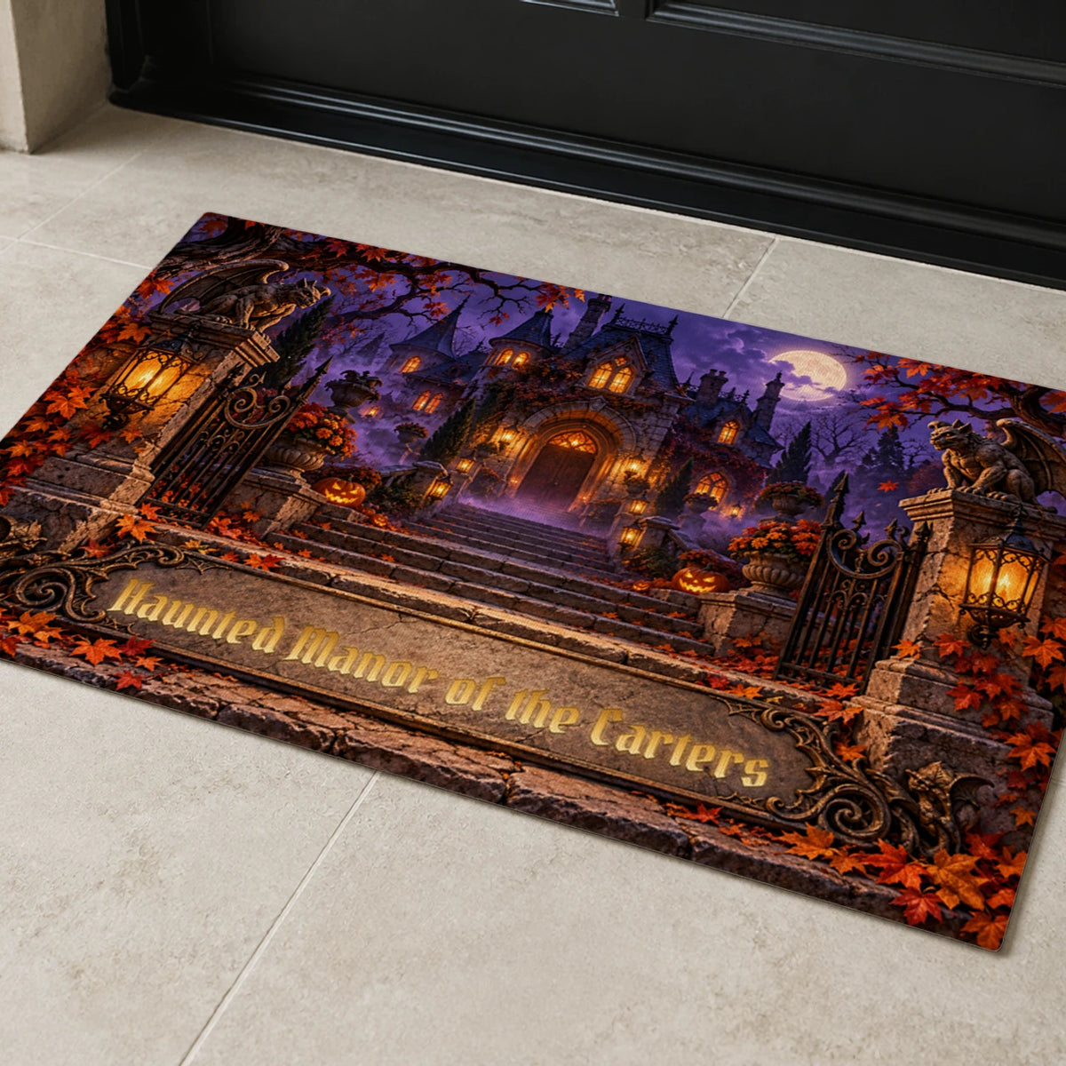 Personalized Haunted Manor Family 3D Doormat with sample personalization