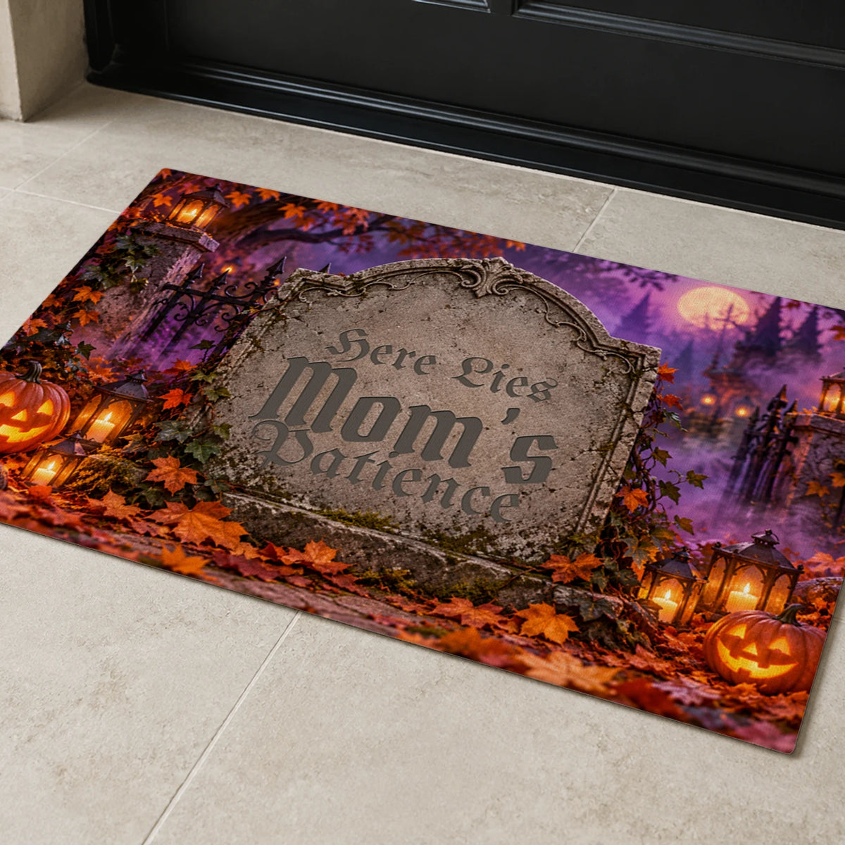 Personalized Here Lies My Patience Doormat with sample personalization