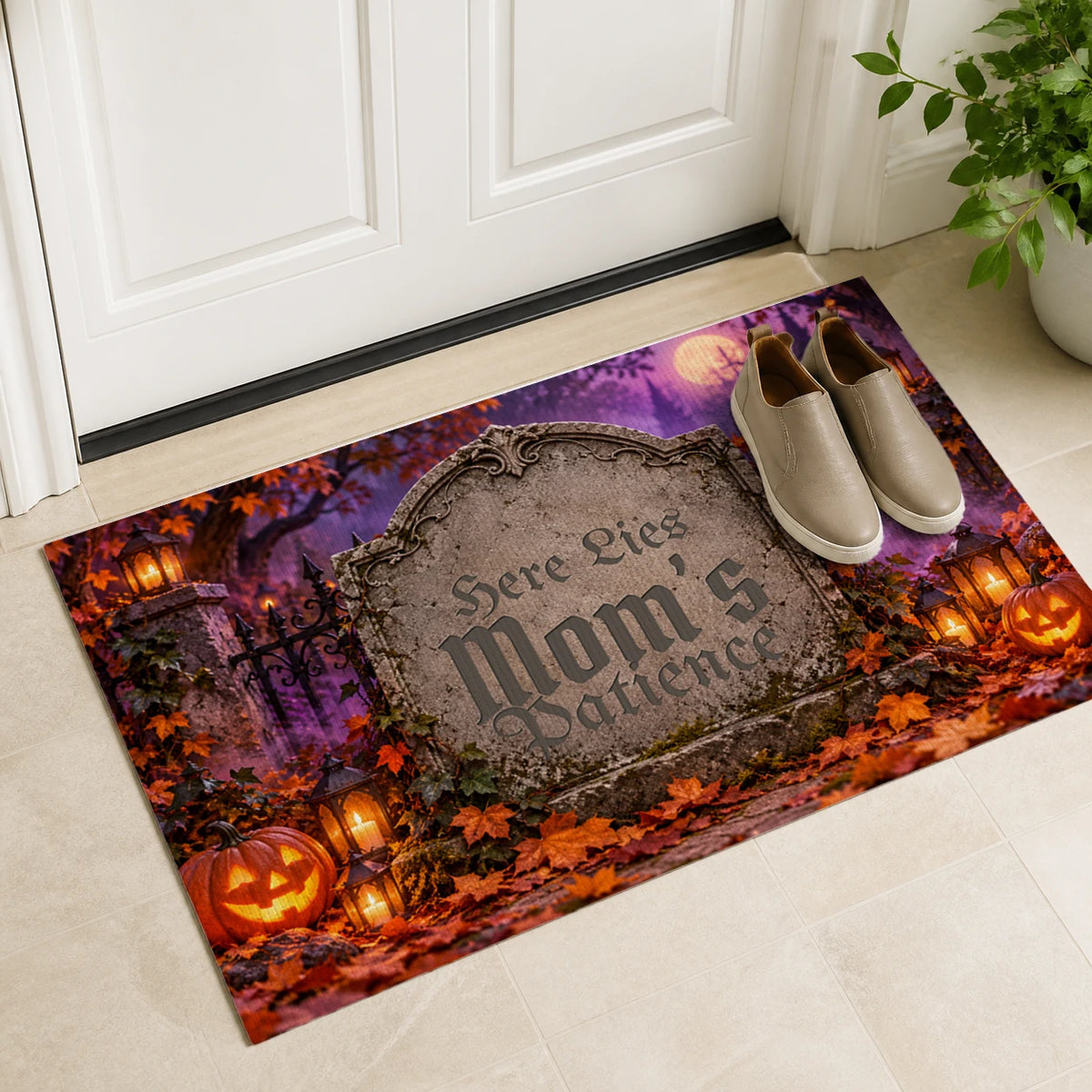 Personalized Here Lies My Patience Doormat with sample personalization