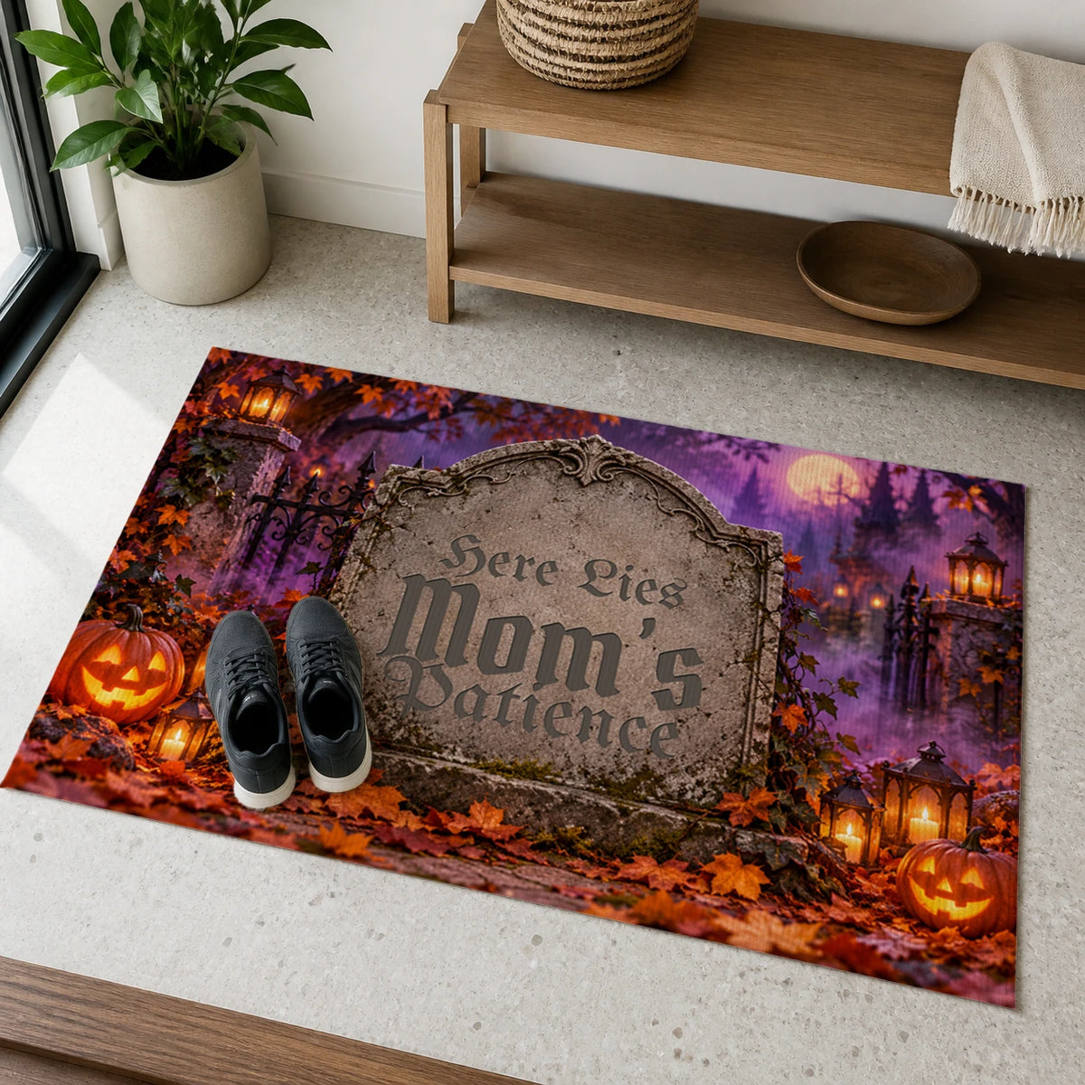 Personalized Here Lies My Patience Doormat with sample personalization